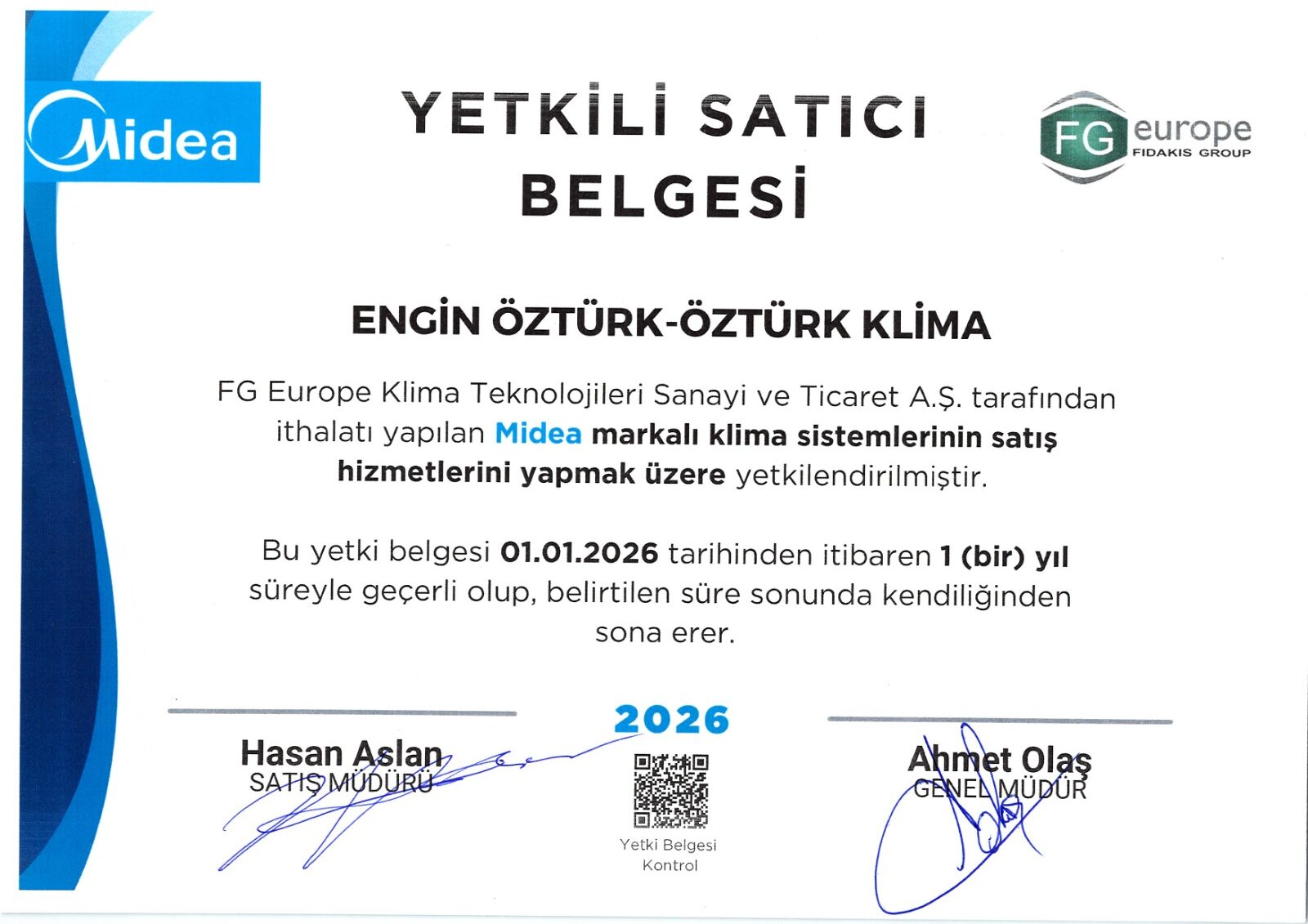 Öztürk Klima Midea Yetkili Satıcı Belgesi 2026 Kartal