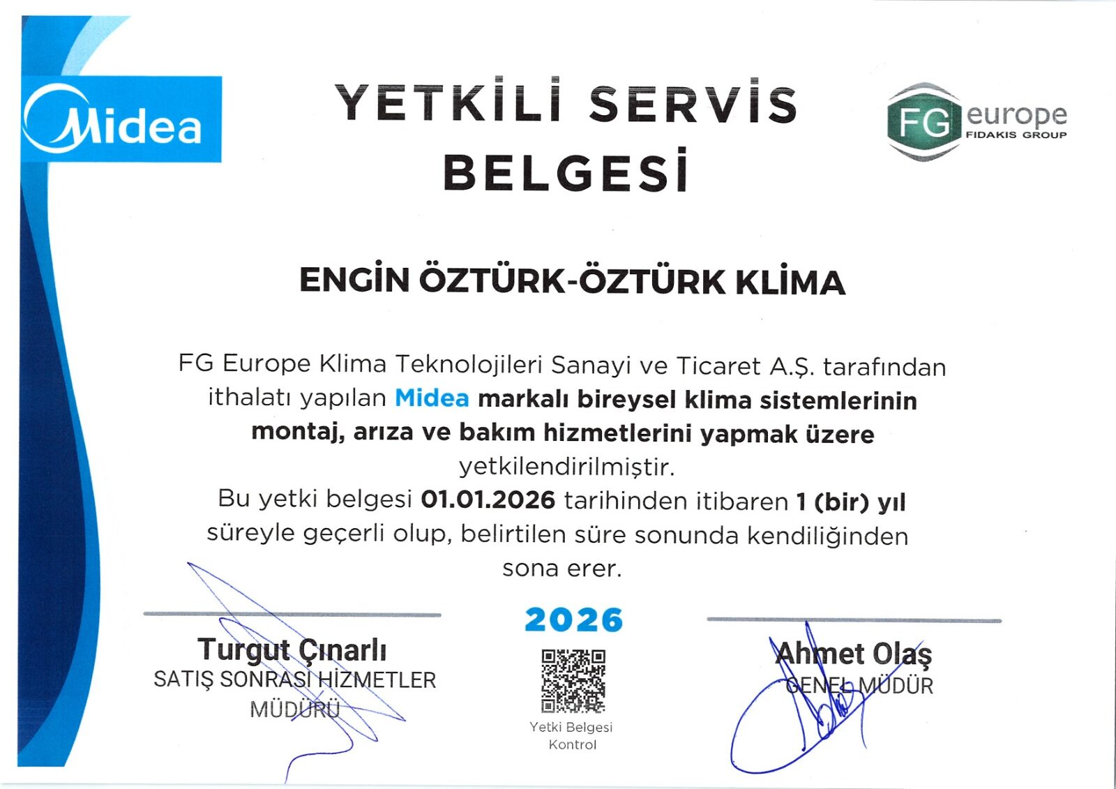 Öztürk Klima Midea Yetkili Servis Belgesi 2026 Pendik